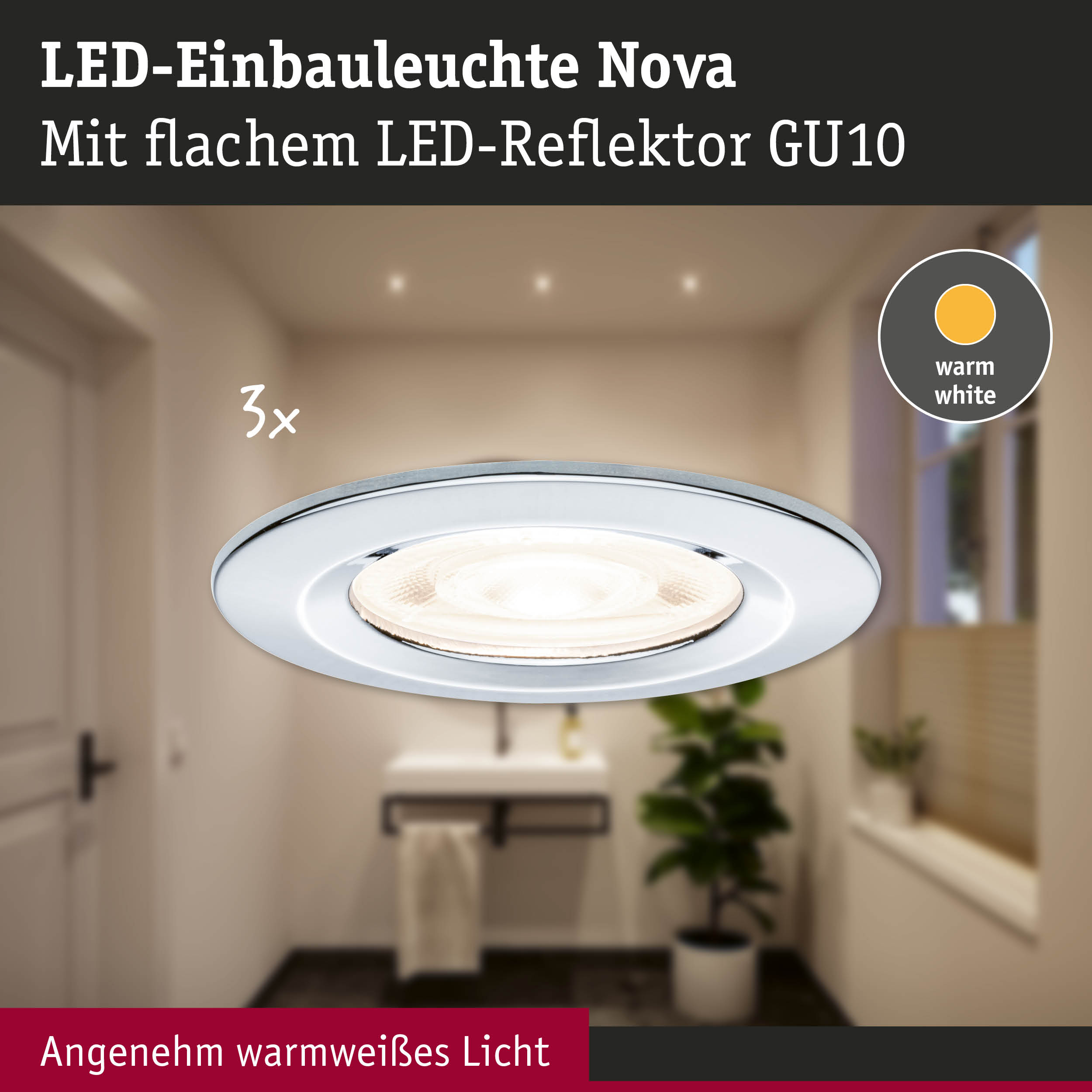 LED-Einbauleuchte Nova mit flachem LED-Reflektor GU10 in Weiß für warmweißes Licht