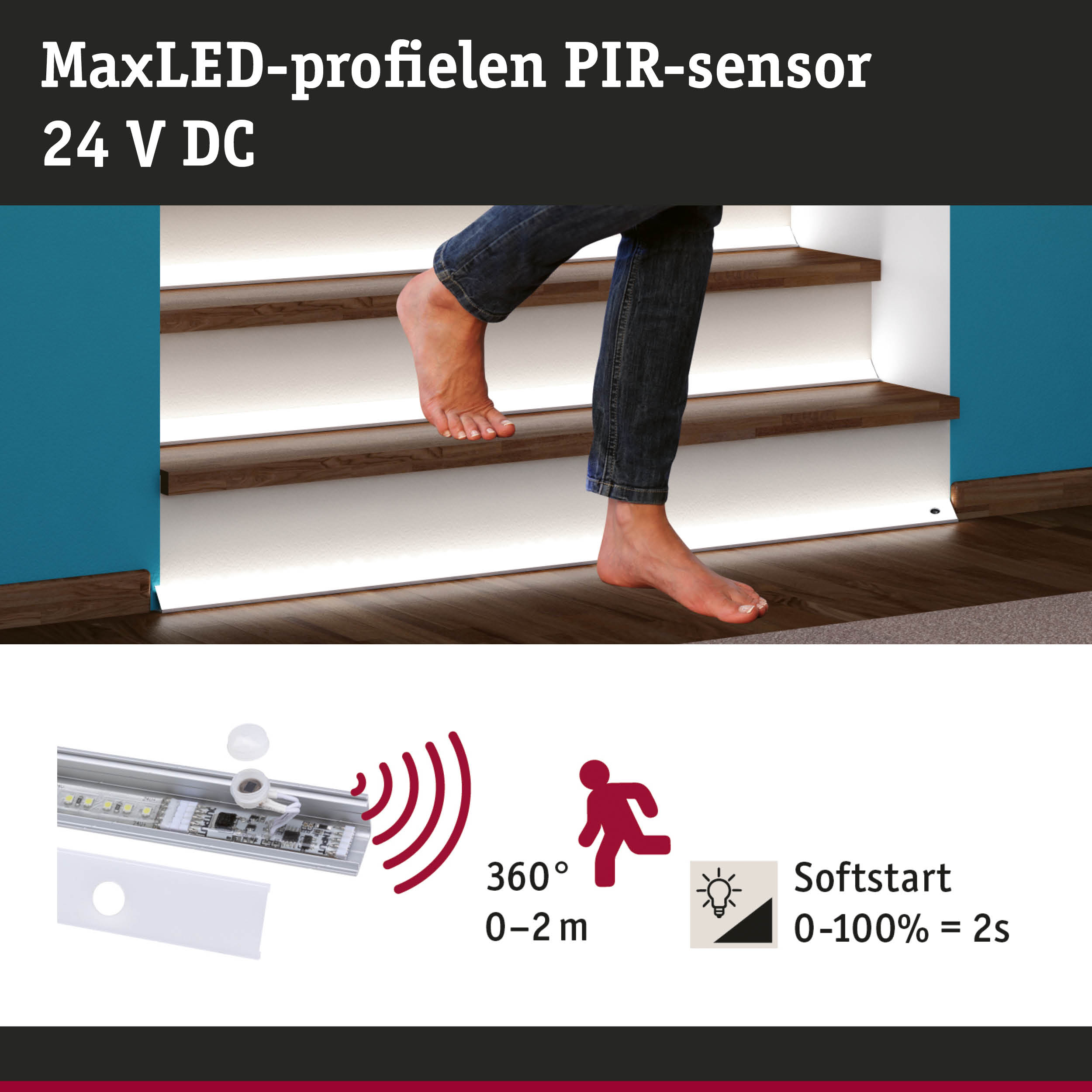 MaxLED-profiel met 24 V DC PIR-sensor voor trapverlichting met 360° bewegingsdetectie en zachte start
