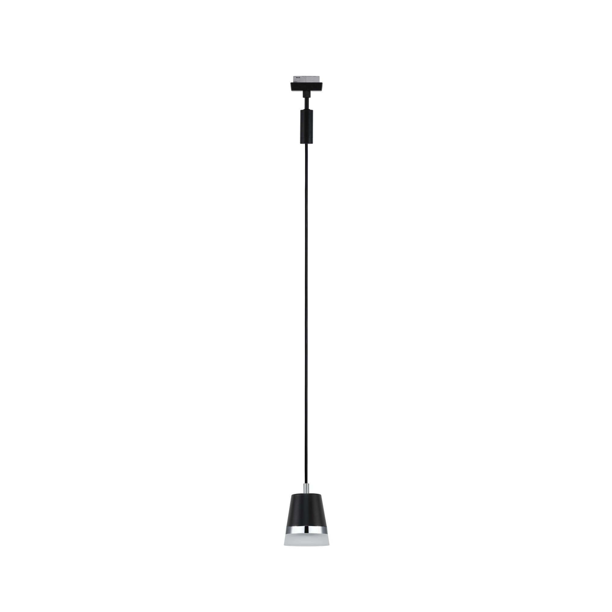 Schwarze Pendelleuchte aus Metall mit Chromring und weißem Diffusor für moderne Innenbeleuchtung