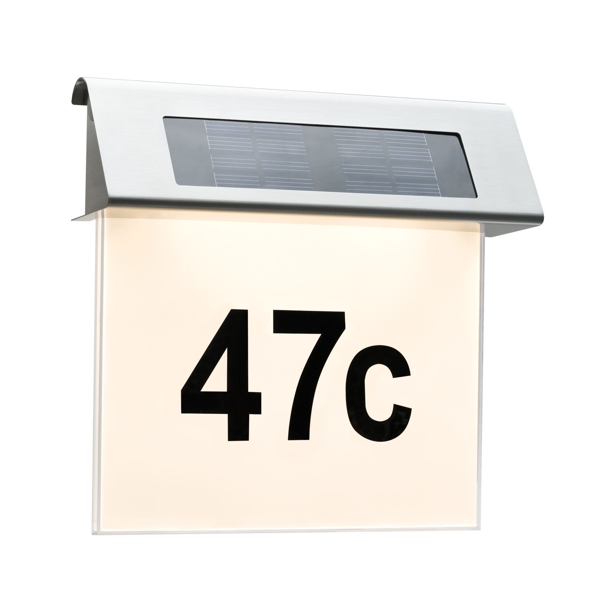 Zonne-energie huisnummerlamp van roestvrij staal met zwarte cijfers 47c en wit verlicht paneel