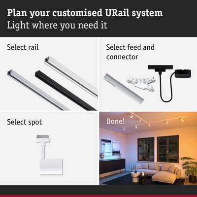 Modular URail rail system in black and white aluminium for flexible LED lighting in living room