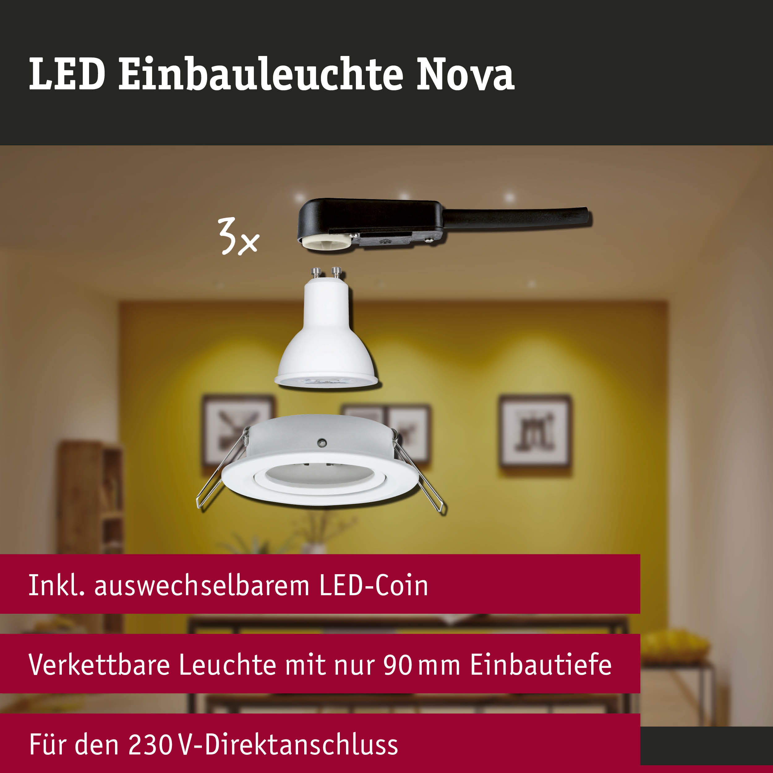 LED Einbauleuchte 3-Step-Dim Nova Basisset schwenkbar rund 84mm 50° GU10 3x6,5W 3x460lm 230V dimmbar 2700K Weiß matt