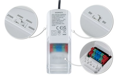Weißes LED-Treibergehäuse mit Schaltern für Farbtemperatur 2700K-4000K und Leistung 5W-8W, Anschlussklemmen sichtbar