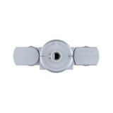 Grey plastic connector with three ports and markings for lighting system installation