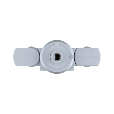 Grey plastic connector with three ports and markings for lighting system installation