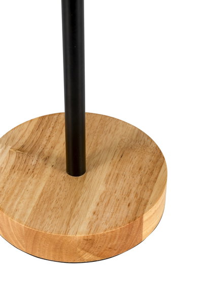 Runder Holzsockel mit schwarzem Metallrohr, minimalistischer Lampenfuß für moderne Beleuchtung.
