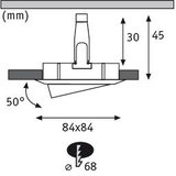 Technical drawing of square LED recessed spotlight 84x84 mm with 50-degree tilt and 68 mm diameter