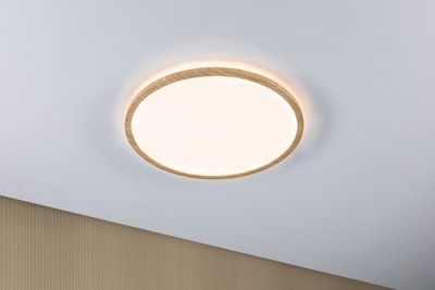 Rund loftlampe med træramme og varmt hvidt LED-lys til moderne belysning