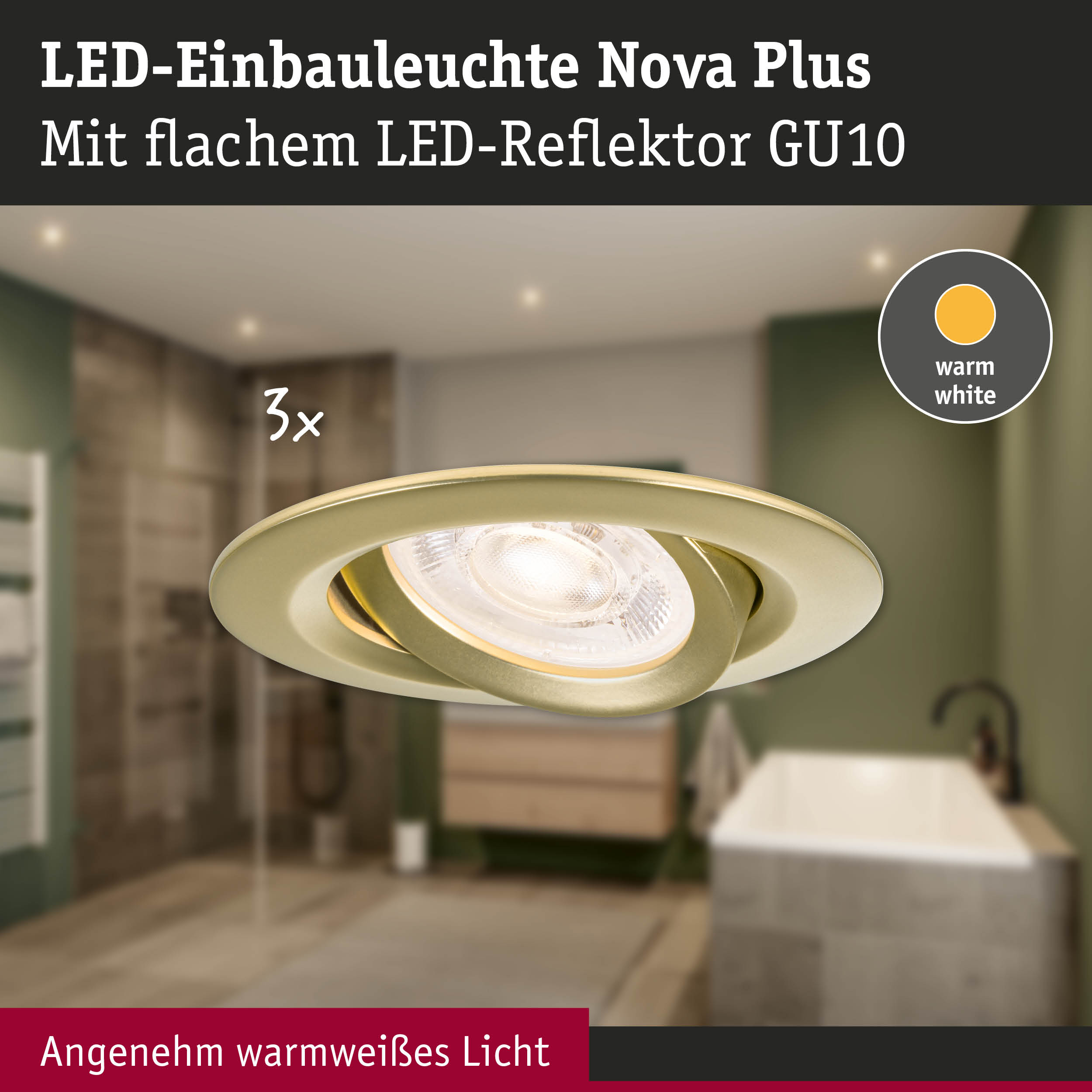 LED-Einbaustrahler Nova Plus in gold mit warmweißem Licht für Badezimmerbeleuchtung