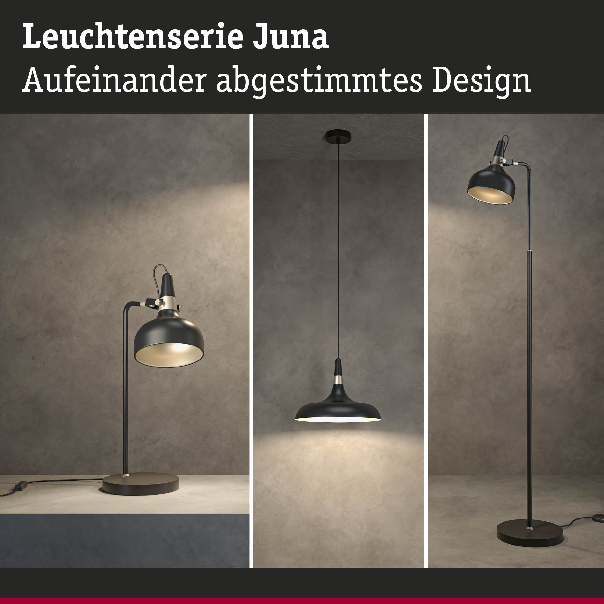 Leuchtenserie Juna mit schwarzer Metalloberfläche und abgestimmtem Design für moderne Innenbeleuchtung