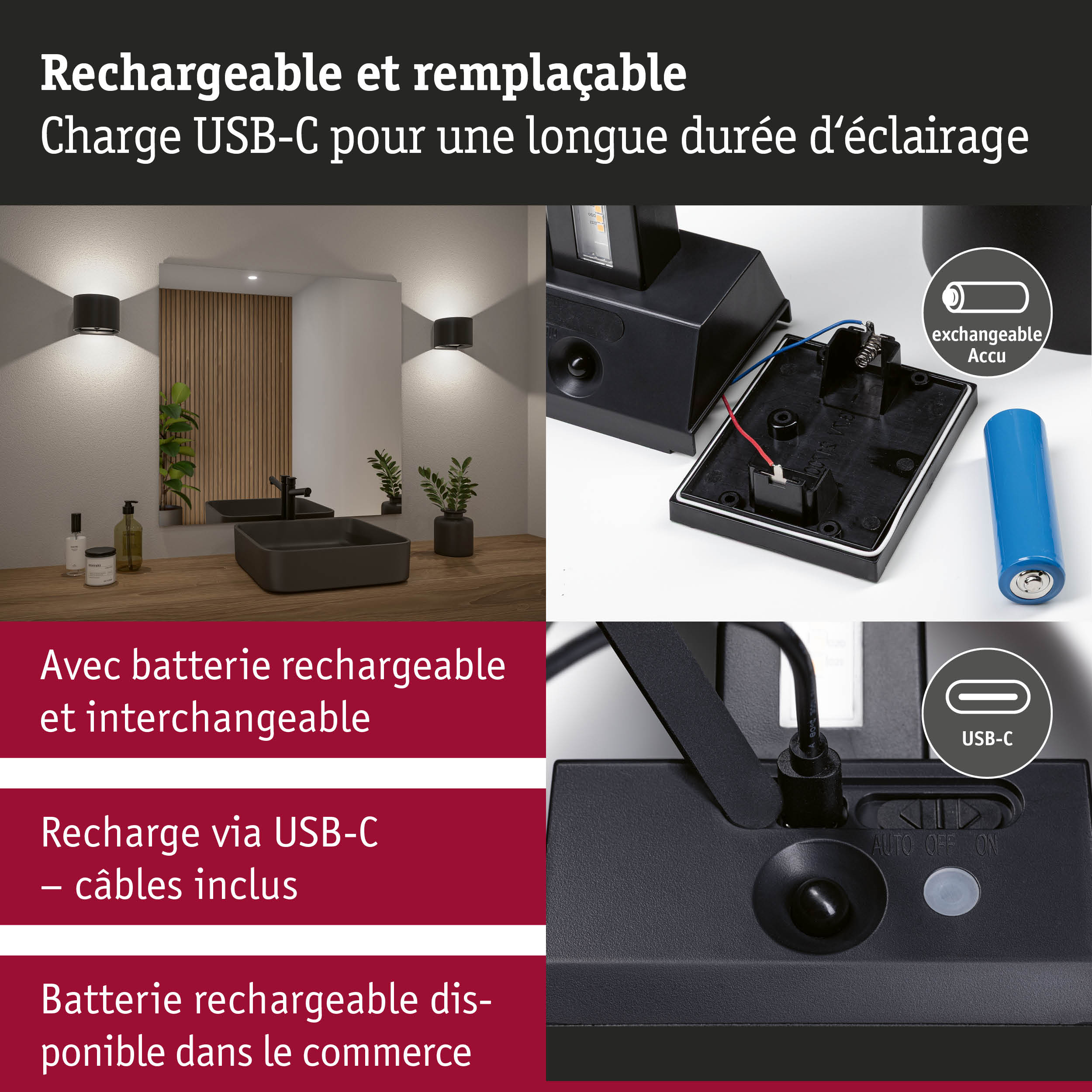 Applique murale LED rechargeable et remplaçable avec charge USB-C pour un éclairage longue durée
