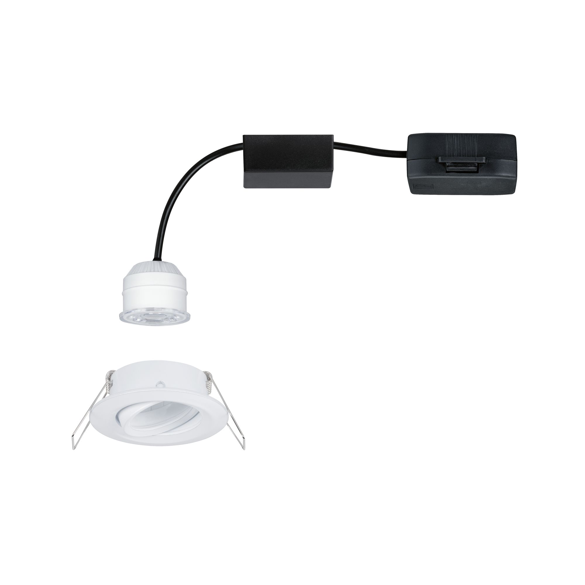 White plastic recessed spotlight with black cable and switch for LED lighting installation