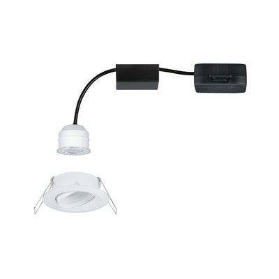 White plastic recessed spotlight with black cable and switch for LED lighting installation