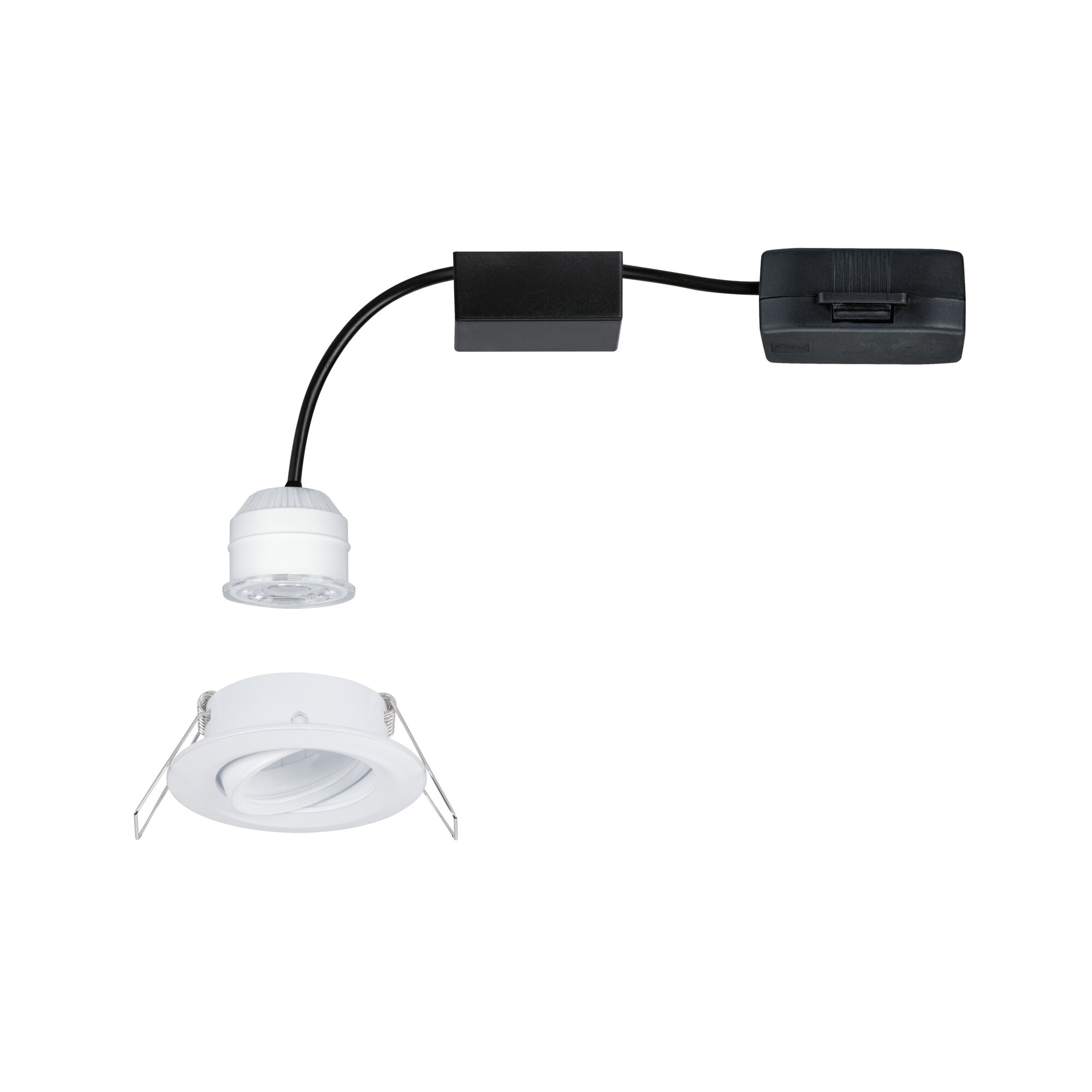 Weißer LED-Einbaustrahler mit schwenkbarem Einsatz und schwarzem Kabel für flexible Beleuchtung