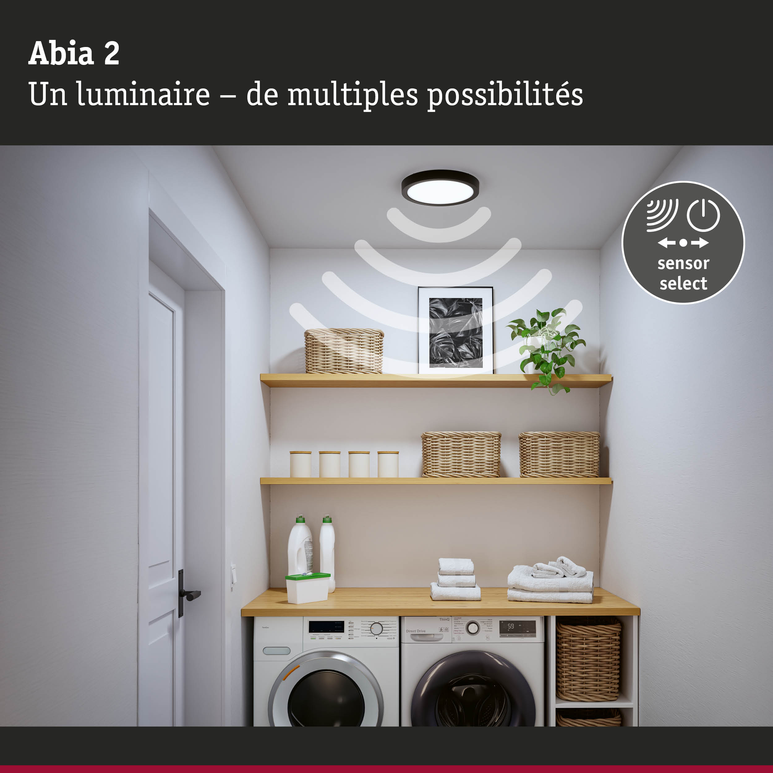 Plafonnier Abia 2 noir avec capteur pour éclairage moderne de buanderie