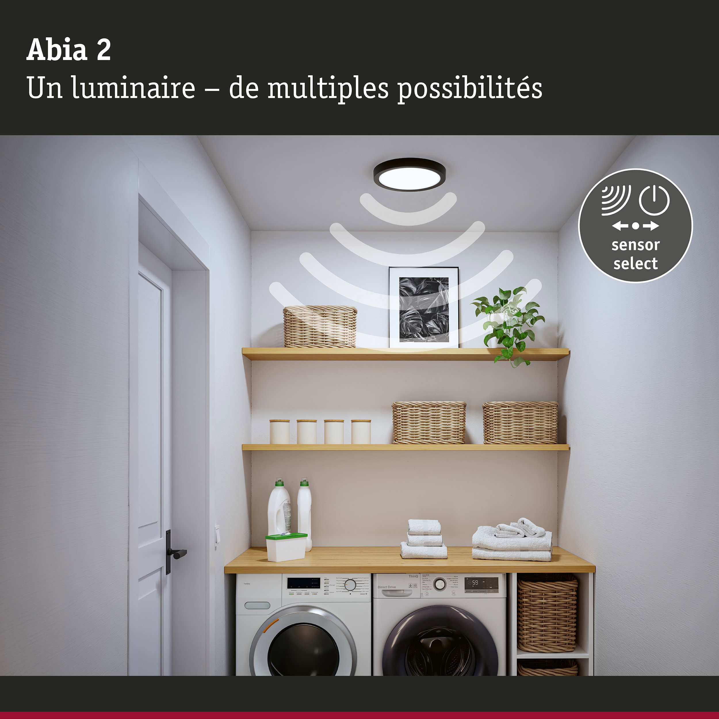 Plafonnier Abia 2 noir avec capteur pour éclairage moderne de buanderie