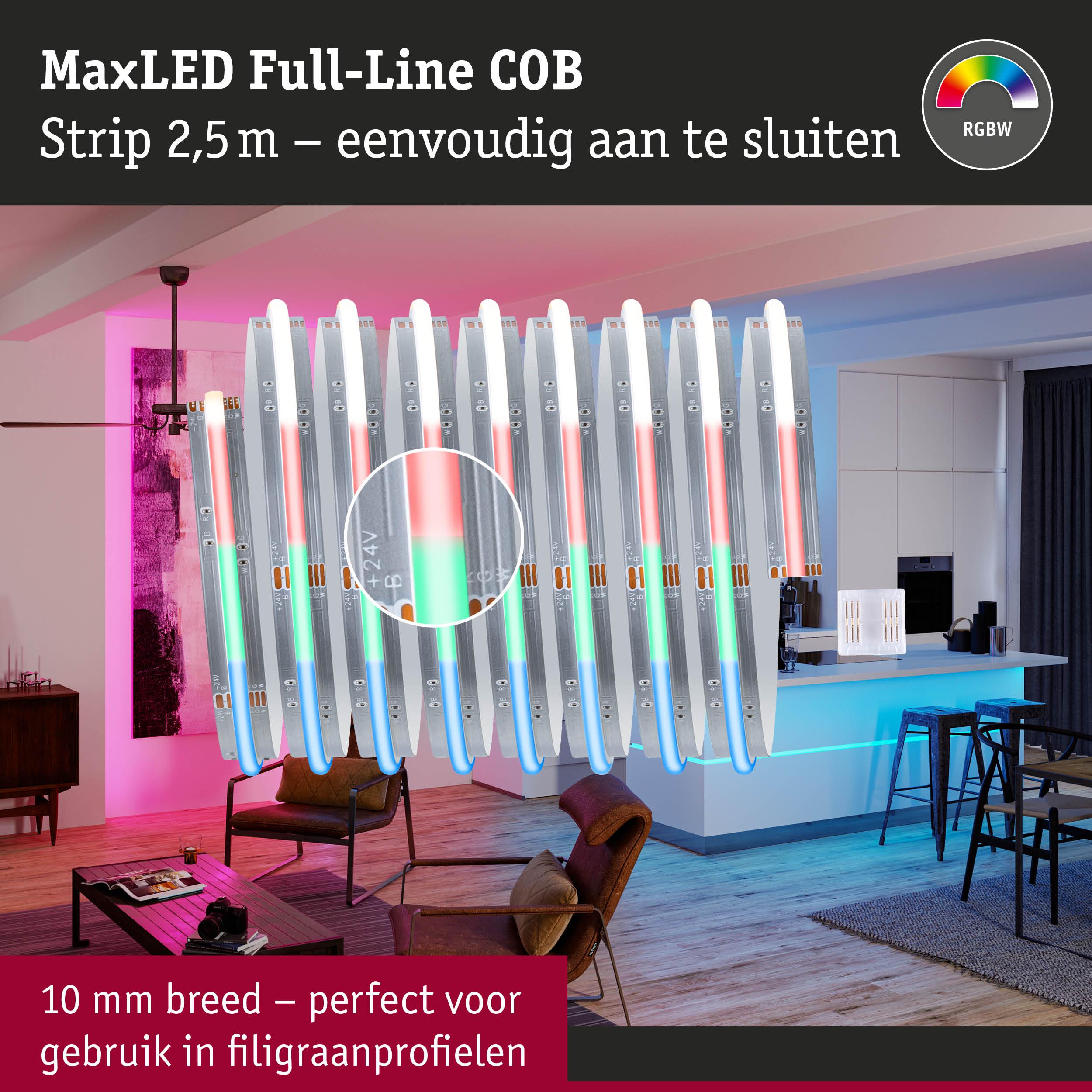 MaxLED Full-Line COB RGBW LED-strip 2,5 m breed, perfect voor gebruik in smalle profielen thuisverlichting
