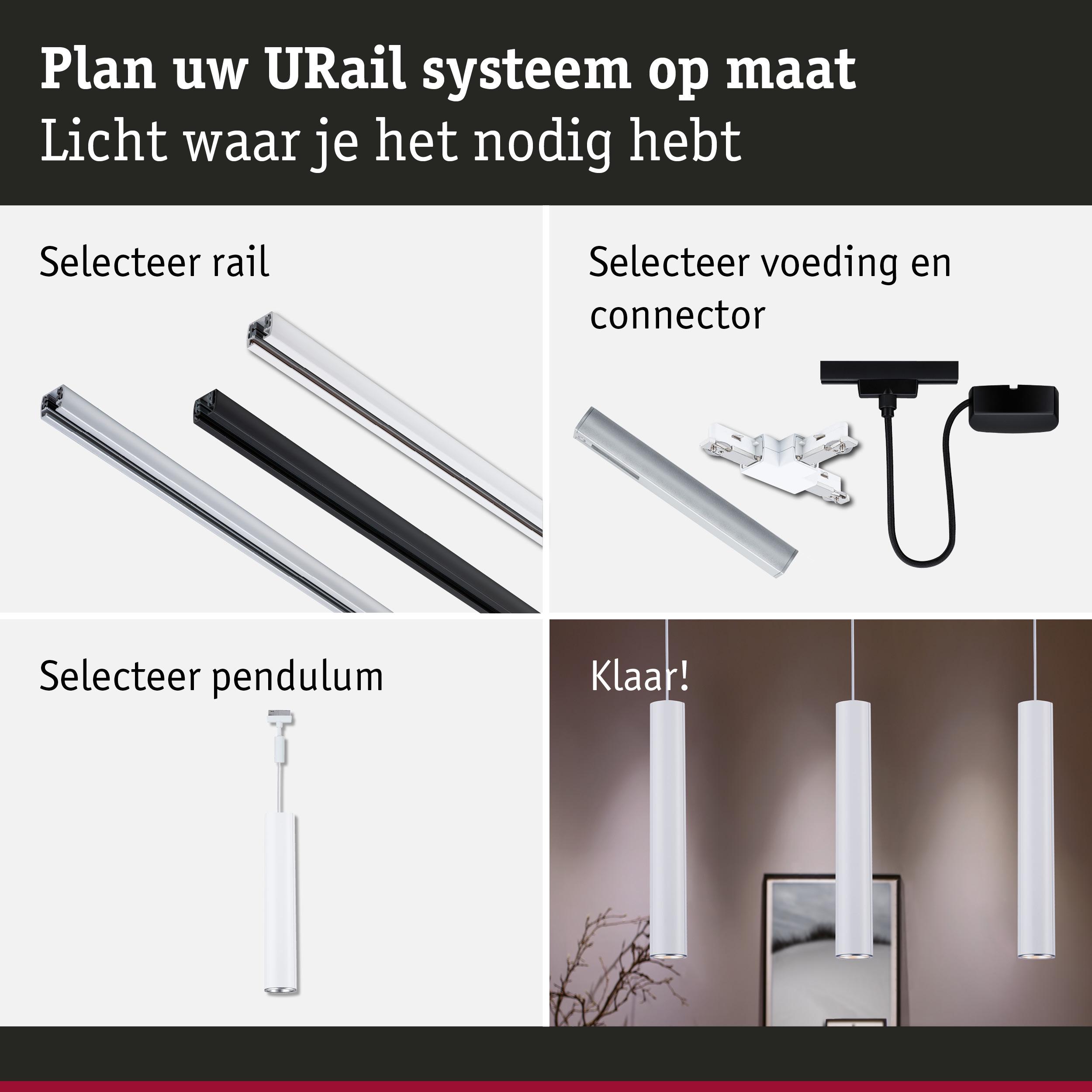 Modulair URail systeem met aluminium rails in zilver en zwart, witte pendelverlichting en connectoren
