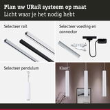 Modulair URail systeem met aluminium rails in zilver en zwart, witte pendelverlichting en connectoren
