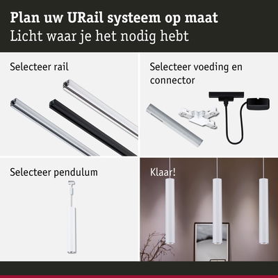 Modulair URail systeem met aluminium rails in zilver en zwart, witte pendelverlichting en connectoren