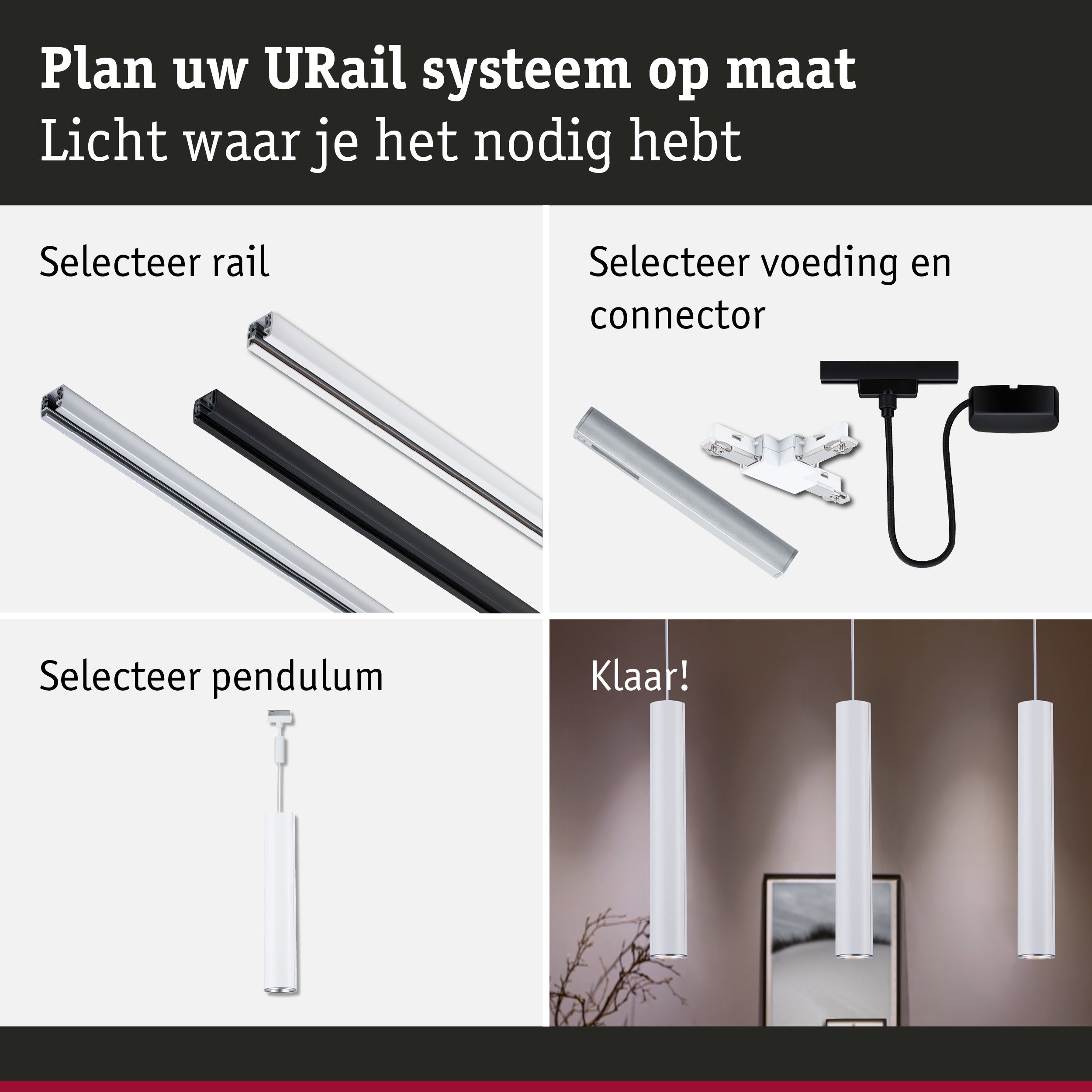 Modulair URail railsysteem met aluminium rails in zwart, wit en zilver voor LED-verlichting