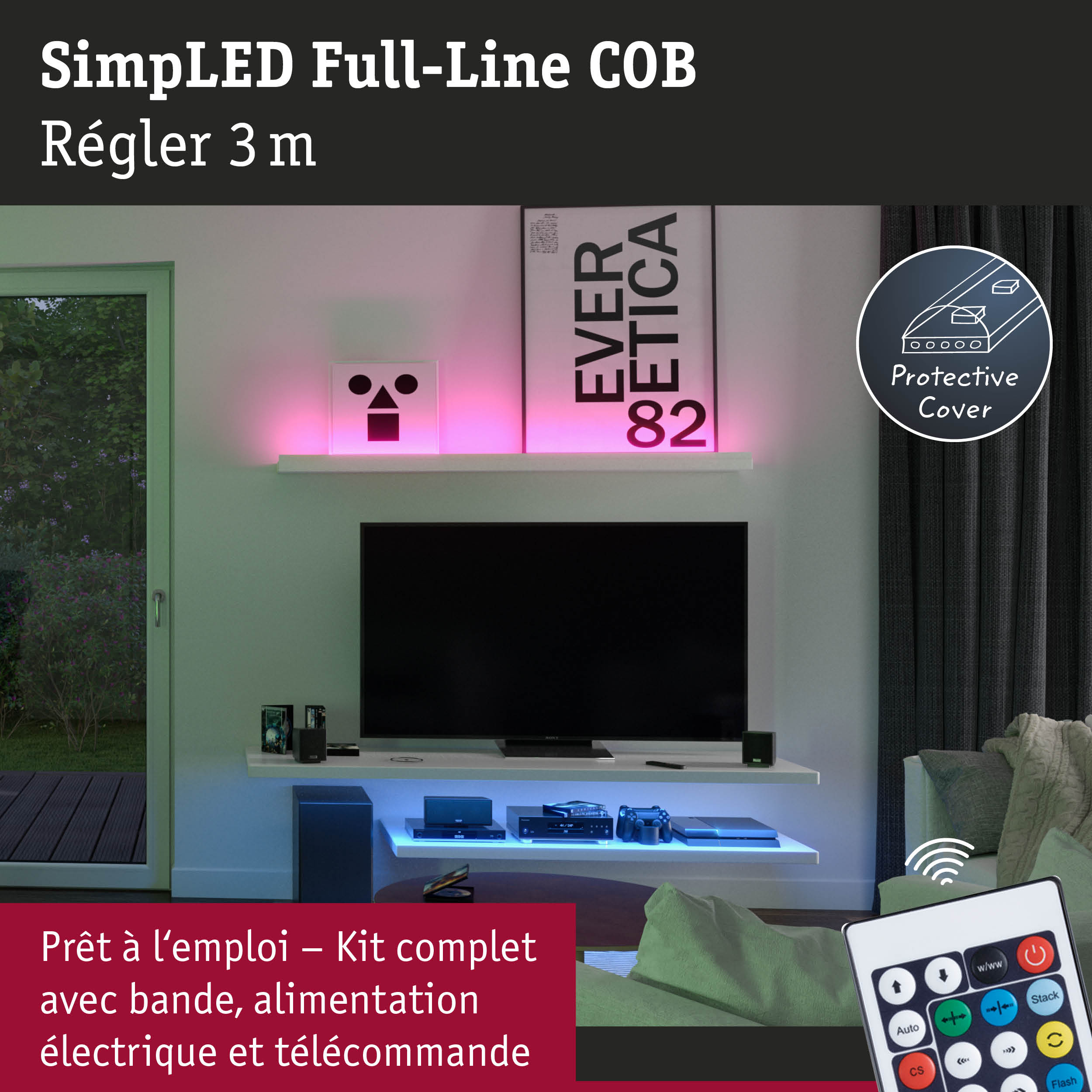 Bande LED avec télécommande et protection dans un salon moderne avec TV et étagères