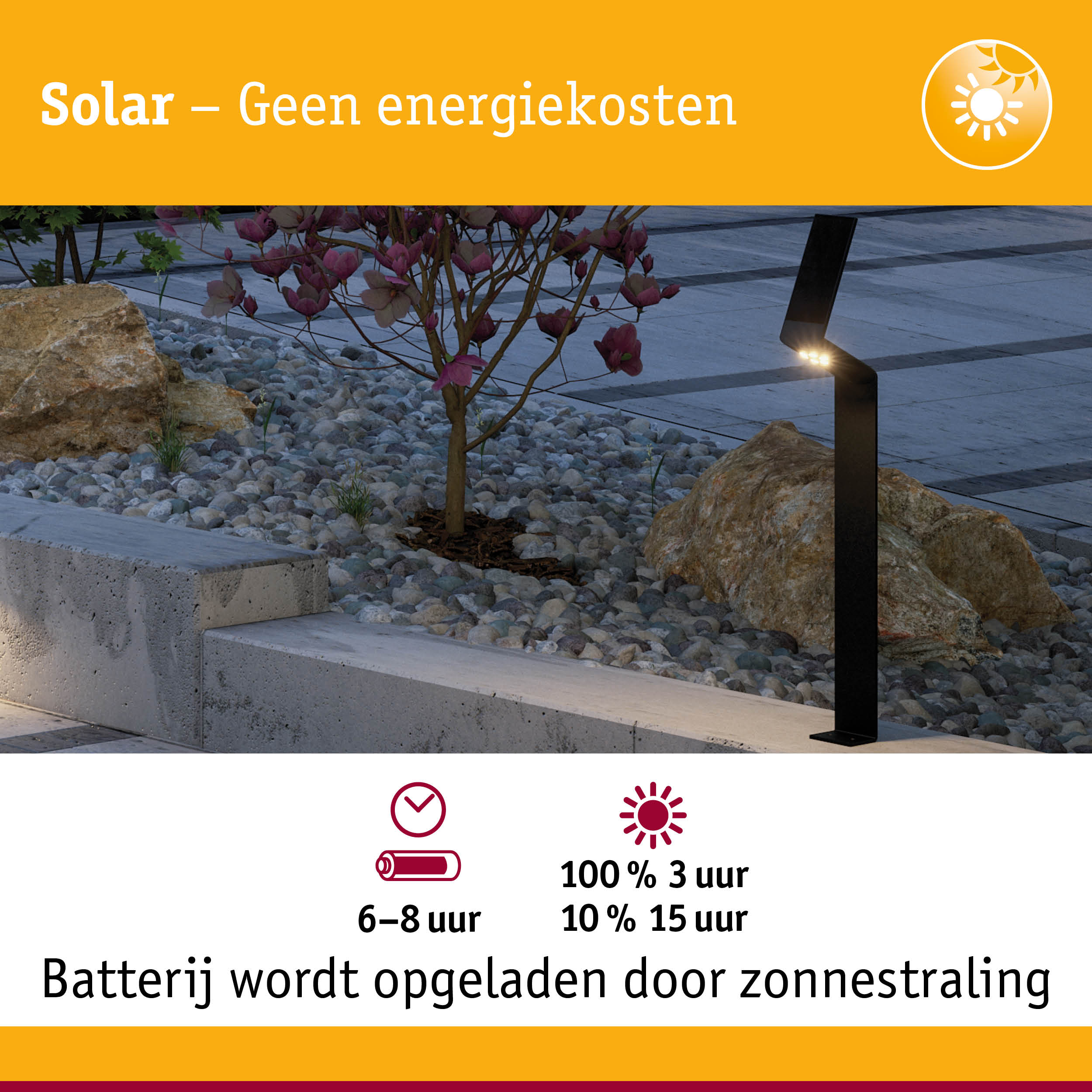 Zwarte solar LED-tuinfakkel omgeven door stenen en planten, energiezuinige buitenverlichting