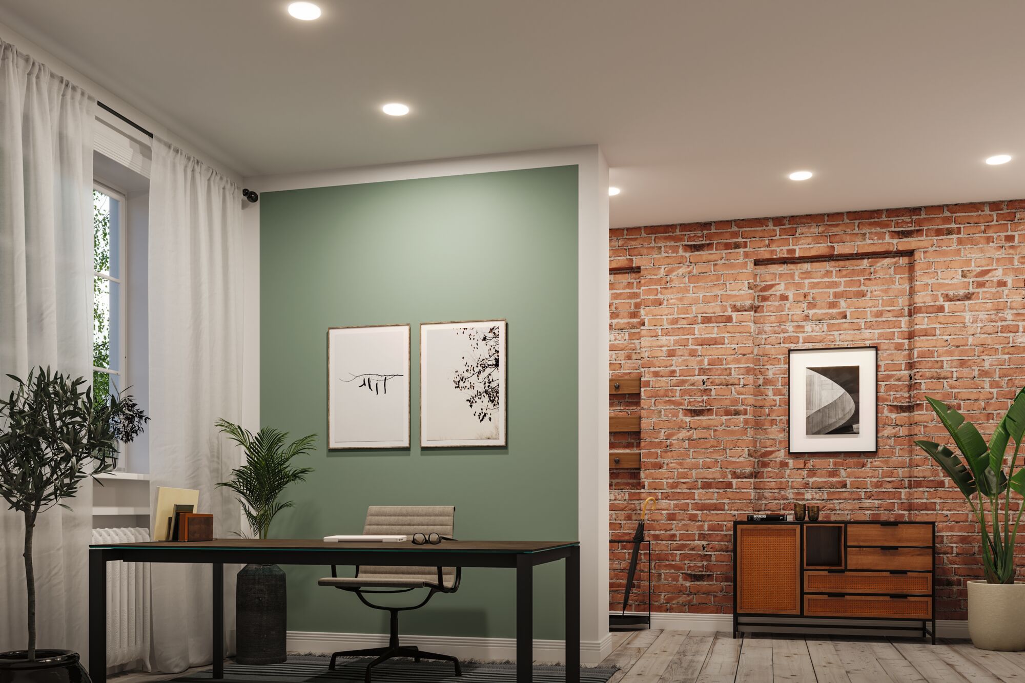 Modernes Büro mit grün gestrichener Wand, Holzschreibtisch, grauem Stuhl und roter Backsteinwand mit Kommode