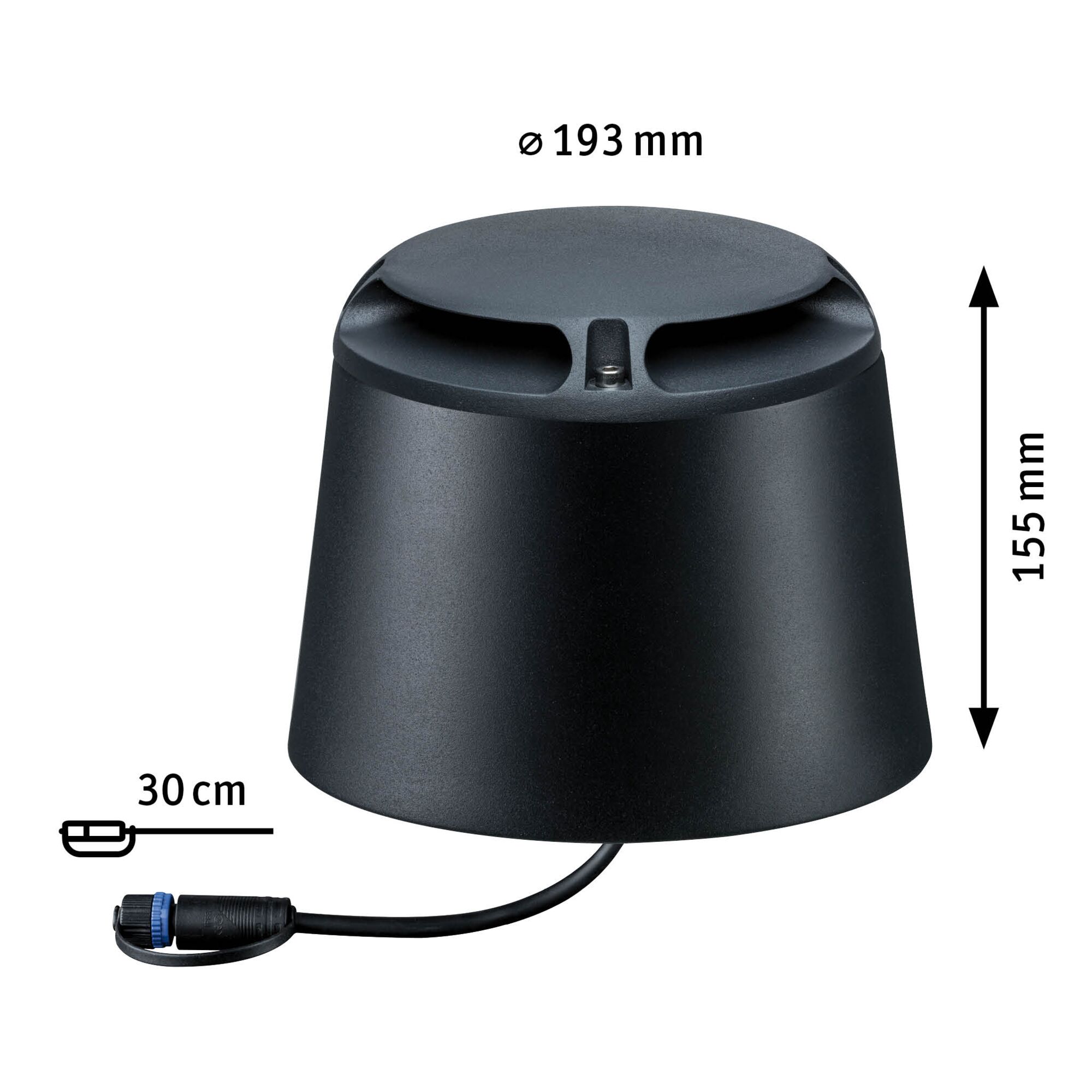Black round metal LED housing with cable and connector, dimensions 193 mm diameter, 155 mm height