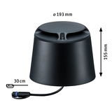 Schwarzes rundes LED-Gehäuse aus Metall mit Kabel und Stecker, Maße 193 mm Durchmesser, 155 mm Höhe