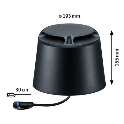 Schwarzes rundes LED-Gehäuse aus Metall mit Kabel und Stecker, Maße 193 mm Durchmesser, 155 mm Höhe