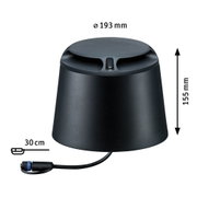 Schwarzes rundes LED-Gehäuse aus Metall mit Kabel und Stecker, Maße 193 mm Durchmesser, 155 mm Höhe