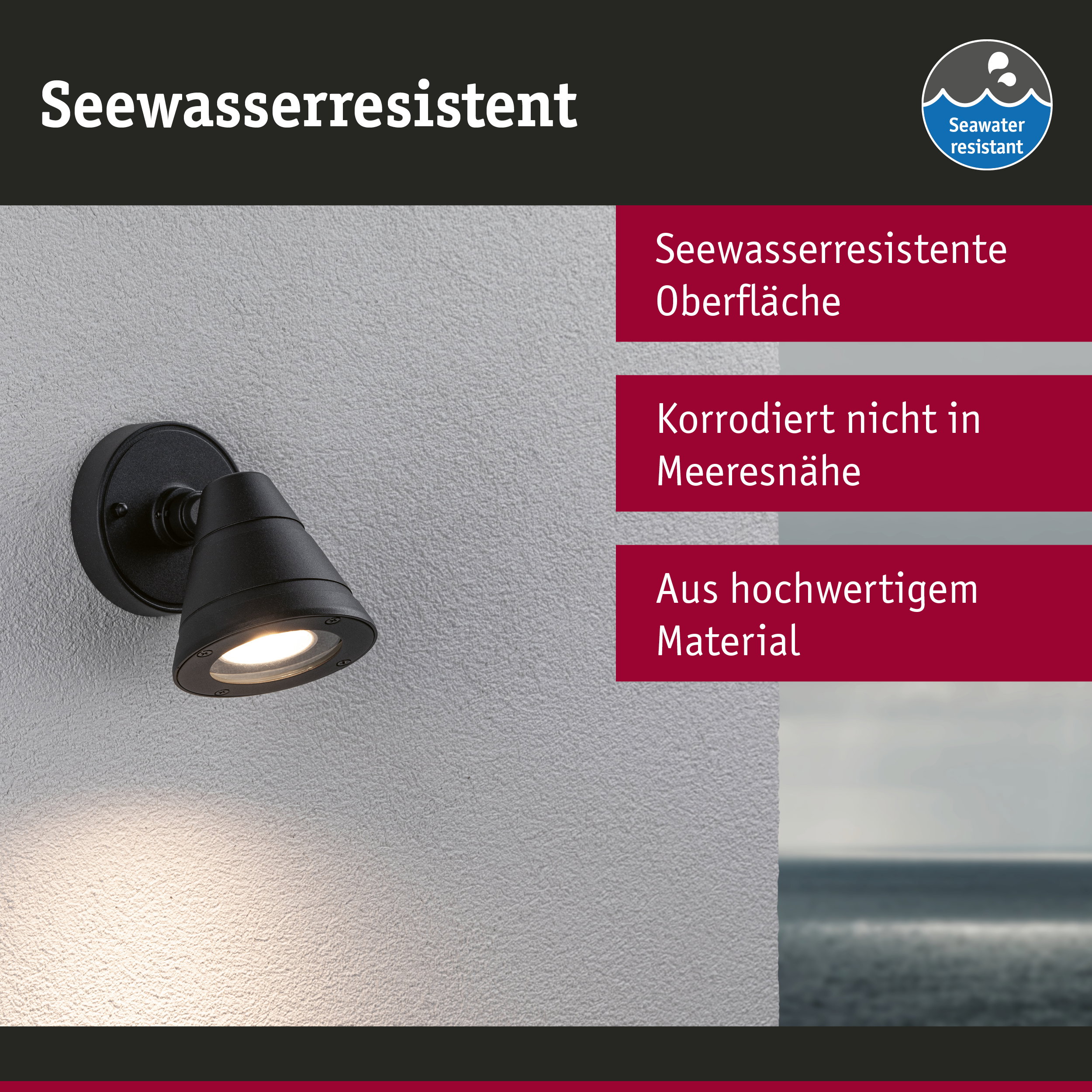 Schwarze Außenwandleuchte mit seewasserresistenter Oberfläche aus hochwertigem Material