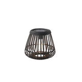 Solar-powered outdoor lamp in black metal cage design with LED bulb for garden lighting and decoration