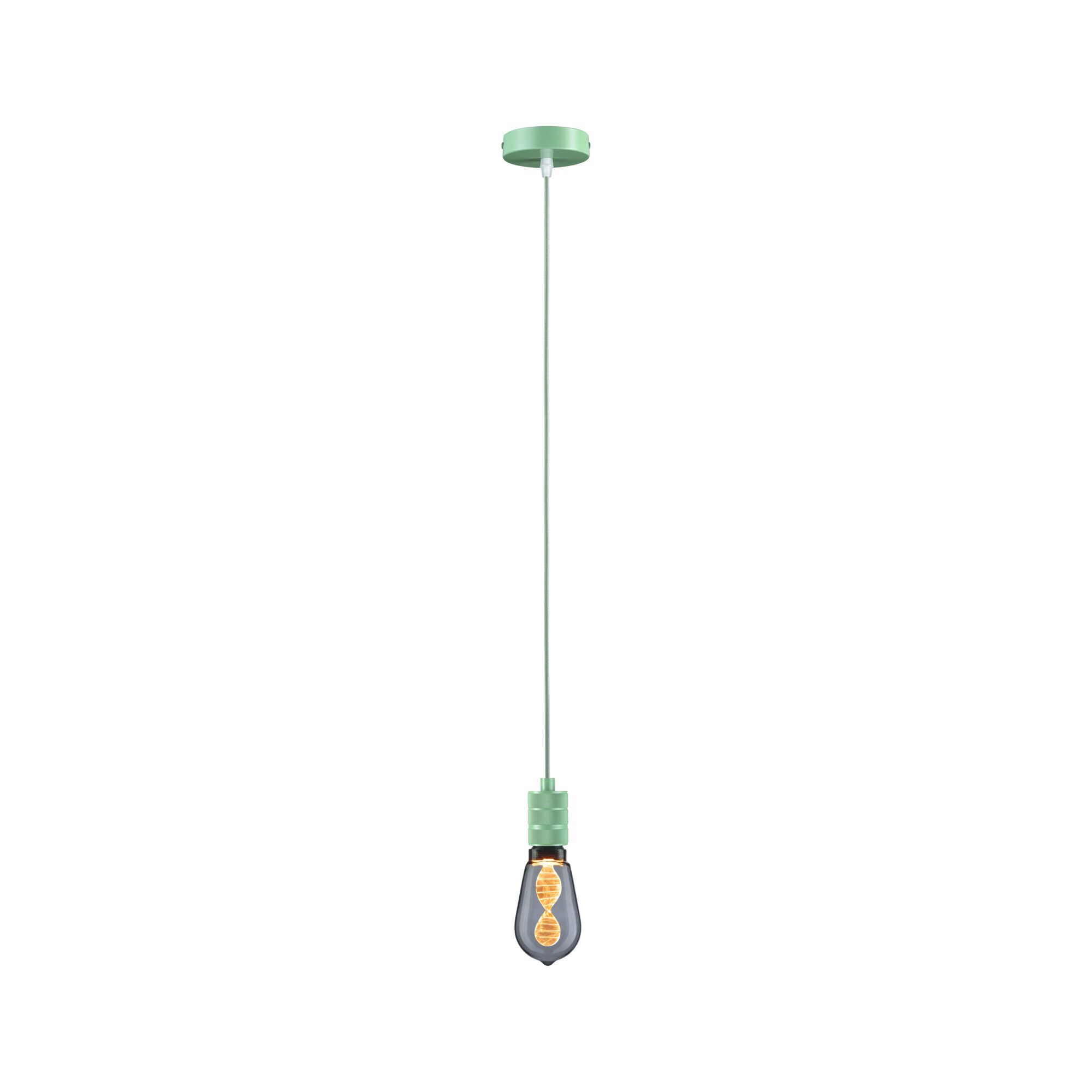 Pendant lamp with green metal holder and decorative bulb for modern home lighting design