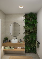Round ceiling light with wooden frame in modern bathroom featuring plant wall and wooden vanity