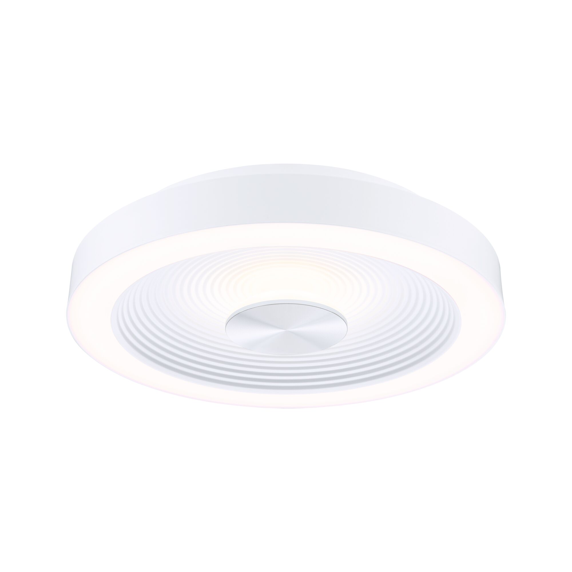 Round white LED ceiling light with textured diffuser and aluminum center for modern room lighting