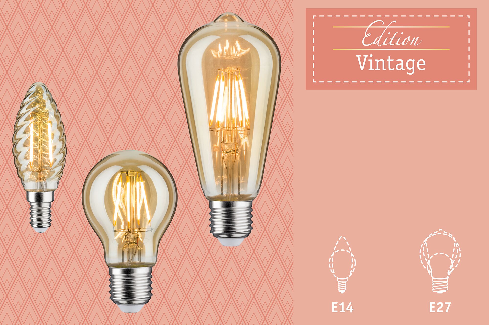 Three vintage LED bulbs in amber glass with warm light, featuring E14 and E27 bases for decorative lighting.