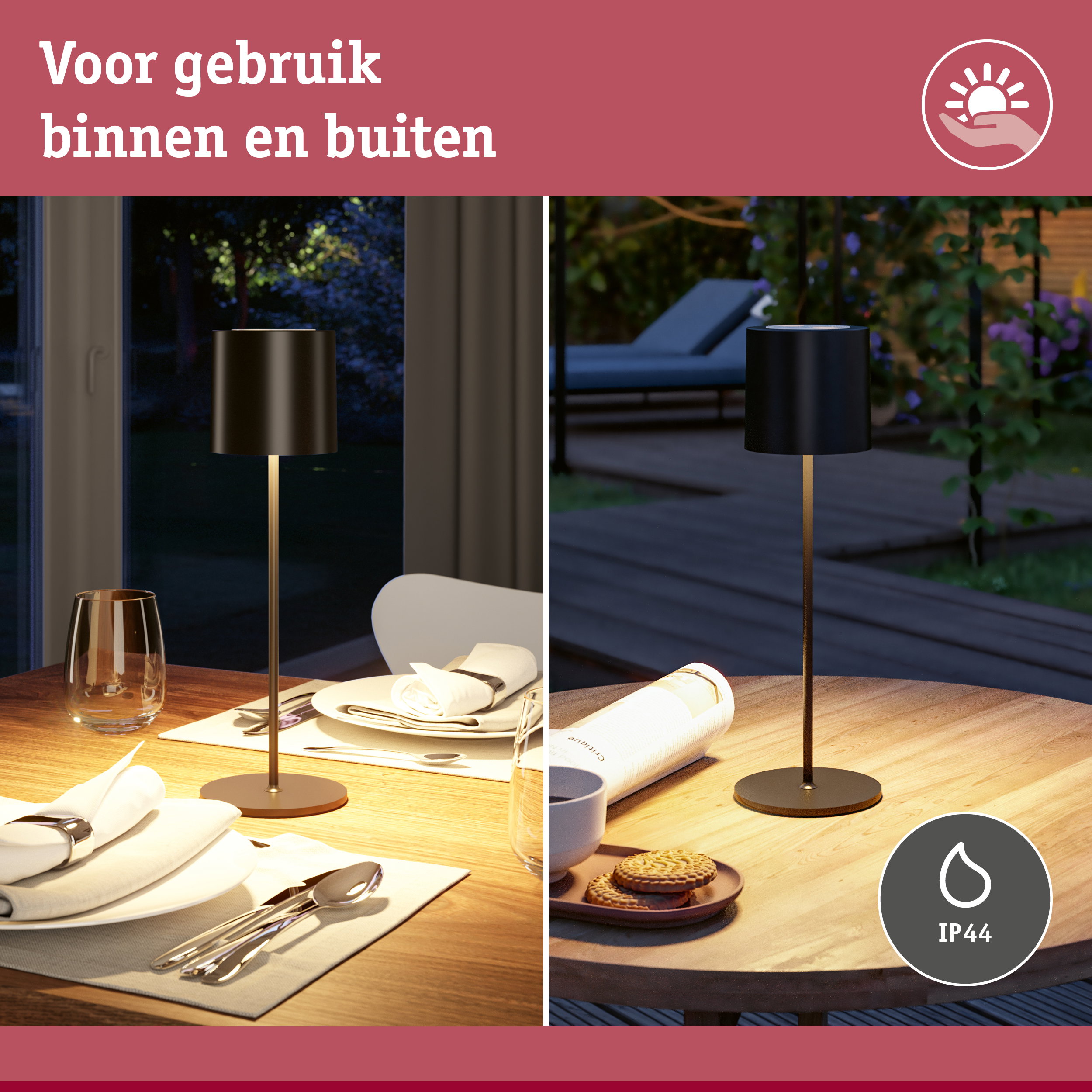 Zwarte vloerlamp met metalen voet op houten tafel, geschikt voor binnen- en buitengebruik met IP44 bescherming