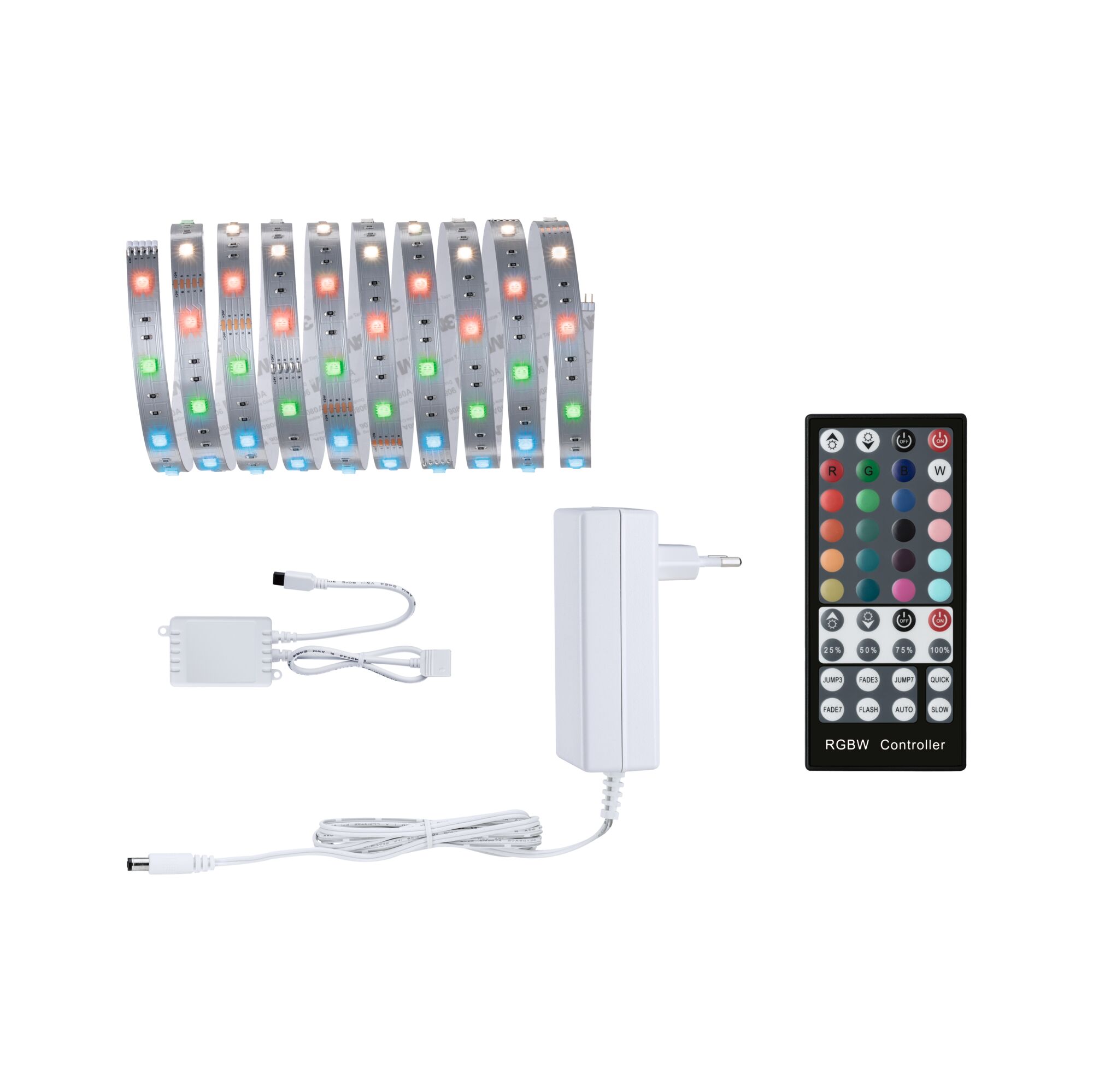 MaxLED 250 Listwy LED Zestaw podstawowy 3m RGBW+ 20W 270lm/m RGBW+ 36VA RGBW LED strip with remote, power adapter, and controller for colorful indoor lighting