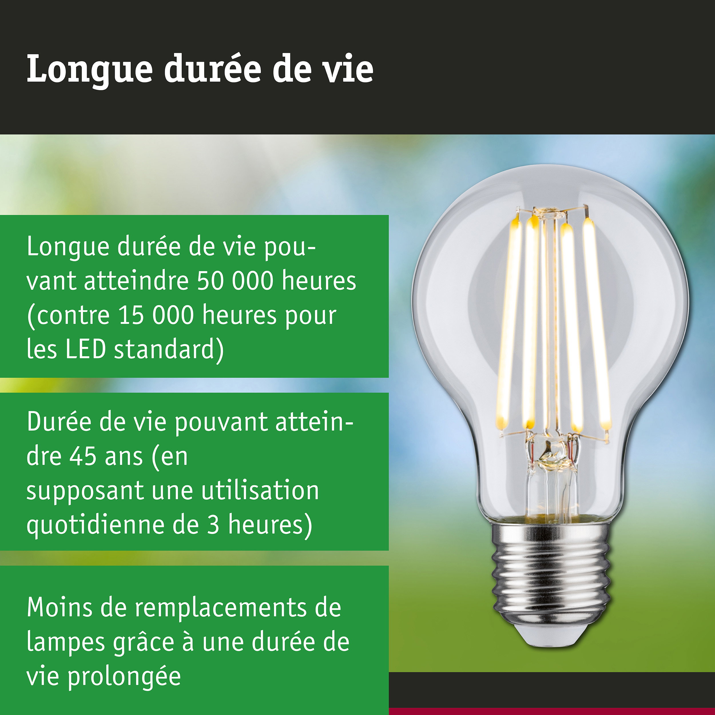 Ampoule LED avec durée de vie 3,5 fois plus longue qu’une lampe traditionnelle, éclairage économique