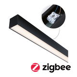 Schwarze LED-Deckenleuchte mit diffuser Abdeckung und Nahaufnahme des Anschlusses, Zigbee kompatibel
