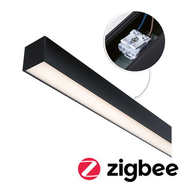 Schwarze LED-Deckenleuchte mit diffuser Abdeckung und Nahaufnahme des Anschlusses, Zigbee kompatibel