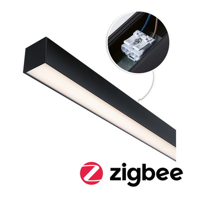 Black LED ceiling light with diffuser and close-up of connector, Zigbee compatible smart lighting