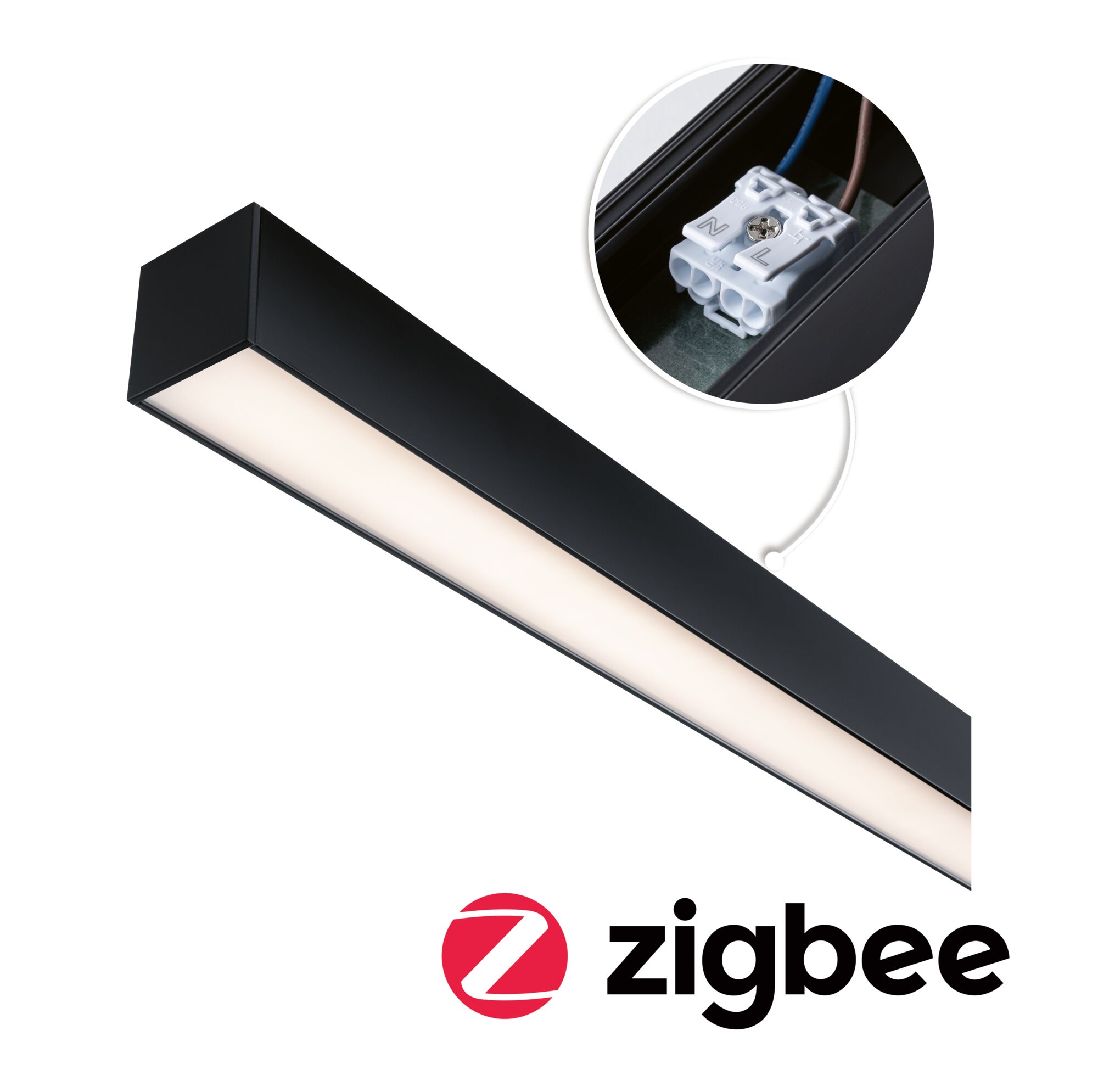 Linion Alimentation électrique Power Channel Zigbee 230/24V 17W Noir signal 1m Plafonnier LED noir avec diffuseur et gros plan sur le connecteur, compatible Zigbee pour maison connectée
