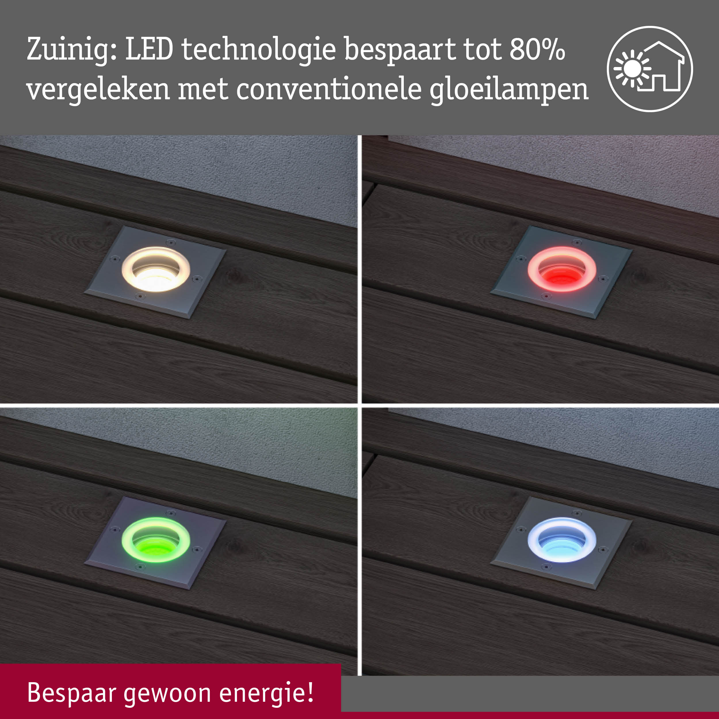 Vier vierkante LED-vloerlampen in wit, rood, groen en blauw op houten terras met energiebesparingsbericht