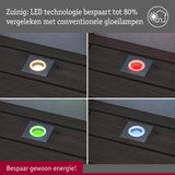 Vier vierkante LED-vloerlampen in wit, rood, groen en blauw op houten terras met energiebesparingsbericht