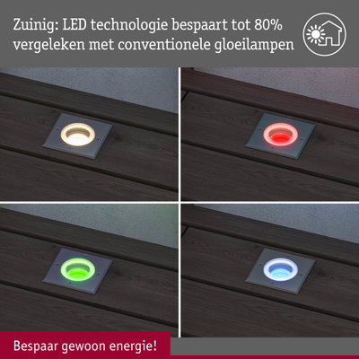 Vier vierkante LED-vloerlampen in wit, rood, groen en blauw op houten terras met energiebesparingsbericht