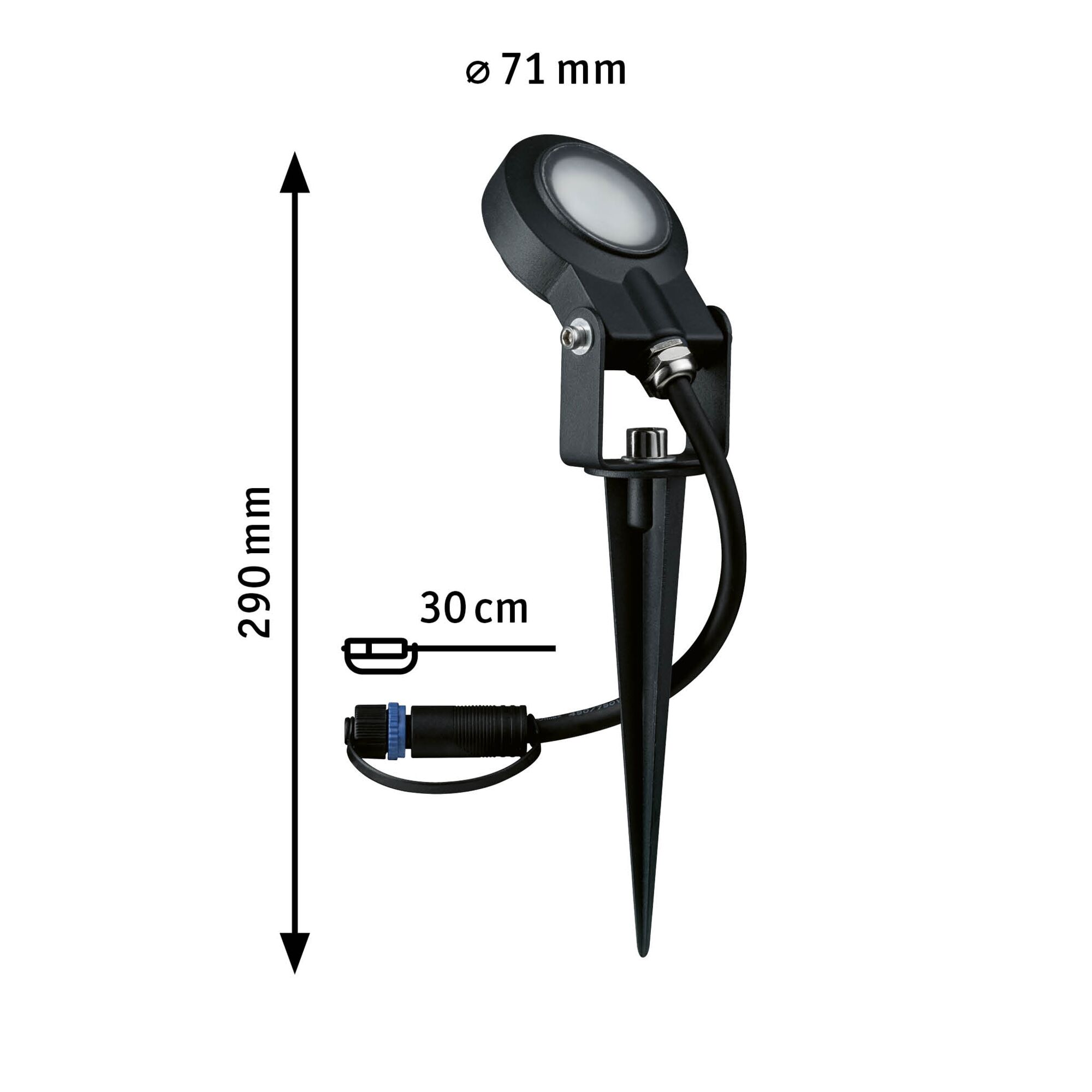 Schwarze LED-Gartenleuchte mit Erdspieß aus Kunststoff, 290 mm hoch, 71 mm Durchmesser, 30 cm Kabel