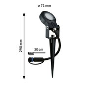 Black LED garden spotlight with plastic ground spike, 290 mm height, 71 mm diameter, 30 cm cable
